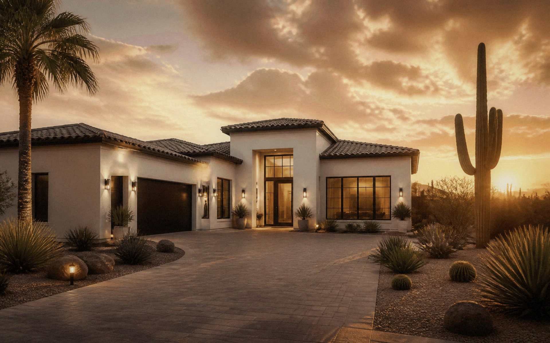 Arizona tile-roof home at sunset